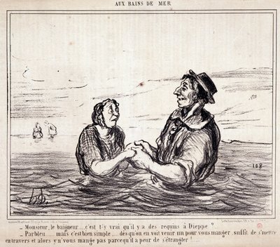Rajzfilm a turistákról nyaralni. Serie „” aux Bains de Mer””: „” Monsieur le bathneur... igaz, hogy Dieppe-ben élnek cápák?...” Honore DAUMIER (1808-1879) metszet. Kivonat a „Le Charivari” című újságból június 8-án alkotó: Honoré Daumier