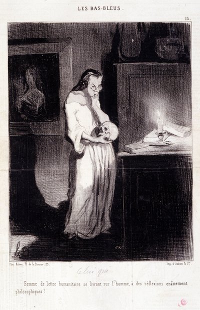 Karikatúra a női írókról. "Les Bas Bleus" sorozat: "A nő humanitárius levél kényeztetése a férfinak a hitbuzgalmi filozófiai reflexiók! " Honore DAUMIER (1808-1879) metszete. Kivonat a "Le Charivari" című újság március 10-i számából. alkotó: Honoré Daumier