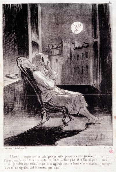 Rajzfilm női írókról. „” Bas Bleus”” sorozat: „” O! Moon inspires me este...”” Metszet: Honore DAUMIER (1808-1879). Kivonat a „Le Charivari” című újságból, február 28 alkotó: Honoré Daumier