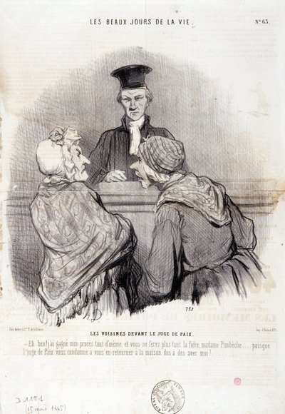 Rajzfilm a szomszédsági kapcsolatokról: „Az élet szép napjai” sorozat”: „” Szomszédok a békebíró előtt...” Honore DAUMIER (1808-1879) metszet. Kivonat a „Le Charivari” című újságból, május 15-én alkotó: Honoré Daumier