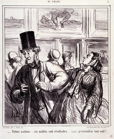 Rajzfilm a művészet szerelmeseiről: Serie “” Au salon””: Hagyjuk asszonyom... ezek a nuditák lázadók... Egyedül térek vissza”” Metszet: Honore DAUMIER (1808-1879). Kivonat a „” Le Charivari”” című újságból május 5-én alkotó: Honoré Daumier
