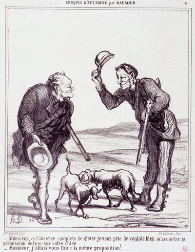 Rajzfilm a vadászokról: Serie „” Autumn Sketch””: „” Uram, a vad teljes hiánya miatt, kérem, adjon engedélyt a kutyájának kilövésére...”” Metszet: Honore DAUMIER (1808-1879). Kivonat a „Le Charivari” című újságból, szeptember 28-án alkotó: Honoré Daumier