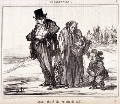 Rajzfilm a szőlőtermesztésről. „” Őszi vázlat”” sorozat: „” Betakarításban. Az 1857-es szőlővel való visszaélés”” metszet, Honore DAUMIER (1808-1879). Kivonat a „Le Charivari” című újságból, október 16 alkotó: Honoré Daumier