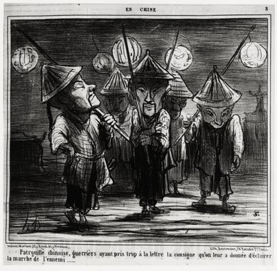Kínai járőr, a harcosok túlságosan is betöltötték az utasításokat, amelyeket az ellenség felvonulására kapott. A Serie En Chine sorozatban, Honore Daumier (1808-1879) illusztrációja, megjelent a „Charivari”-ban, január 25-én alkotó: Honoré Daumier