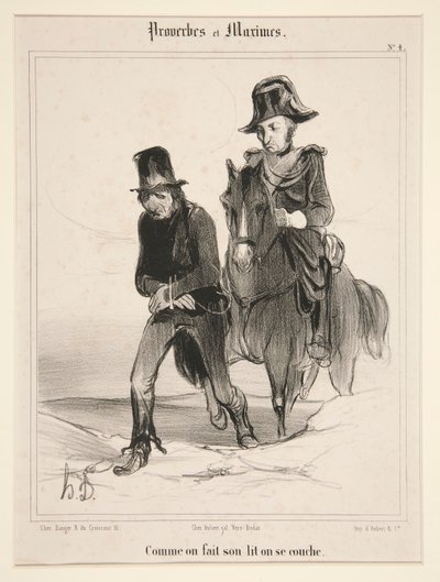 Miközben az ember megveti az ágyát, lefekszik, a Példabeszédek és Maximok 4. lapja alkotó: Honoré Daumier