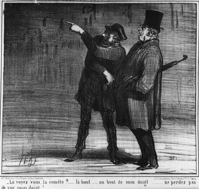 Látod az üstököst? fent... az ujjam végén... ne veszítsd szem elől az ujjam!... , Honore Daumier (1808-1879) karikatúrája. "Charivari" alkotó: Honoré Daumier