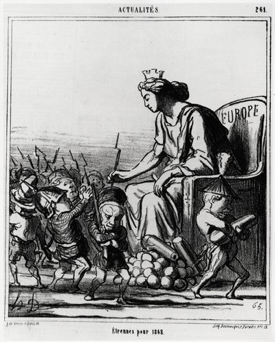 Európa: 1868-ban külföldi. Európa fegyvereket és ágyúkat oszt ki az országok minden képviselőjének, amelyek kalapjukról felismerhetők. Illusztráció d