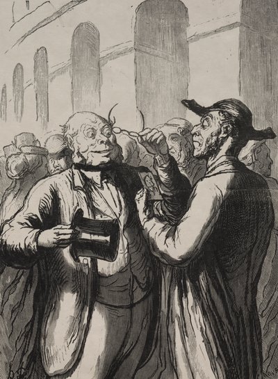 Univerzális kiállítás: Fényképek megtekintése a forgókapuknál. A kopaszoknak le kell venni a kalapjukat, a rövidlátóknak a szemüvegüket. alkotó: Honoré Daumier