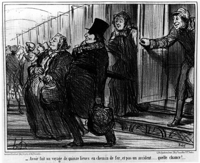 Tizenöt mérföldes vasutat csinálva, és nem véletlenül... micsoda esély!... : az „Aktuálisok” című rajzfilmsorozatból Honore Daumier (1808-1879) vasutakról. "Macskazene" alkotó: Honoré Daumier