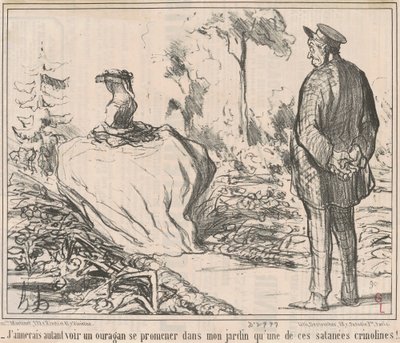 Szívesebben látnék egy hurrikánt a kertemben vándorolni, mint egy olyan átkozott krinolint! alkotó: Honoré Daumier