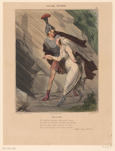 Aeneas és Dido karikatúrája Enée et Didon (cím a tárgyon) Karikatúrák az ókorból származó figurákról (sorozat címe) Histoire ancienne (sorozat címe a tárgyon) alkotó: Honoré Daumier