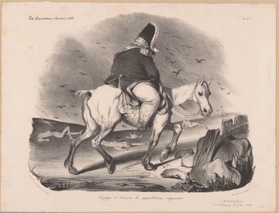Lajos Fülöp francia király karikatúrája lóháton a holttestek között Voyage à travers les populations empressées (cím a tárgyon) alkotó: Honoré Daumier