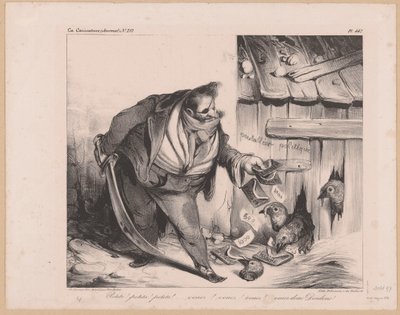 Lajos Fülöp francia király banditaként ábrázolt karikatúrája Petits! petits! petits! (...) Venez donc dindons! (cím a tárgyon) alkotó: Honoré Daumier