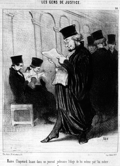 Maitre Chapotter egy igazságügyi folyóiratban olvassa saját magáról szóló dicséretét, amelyet Honore Daumier (1808-1879) „Gens de Justice” című karikatúráiból vett az igazságszolgáltatásról. "Macskazene" alkotó: Honoré Daumier