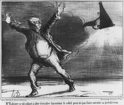 Monsieur Babient decided to go and turn off the sun himself so as not to make his prediction lie, caricature about Honore Daumier