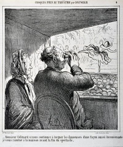 Mr. Colimard, ha továbbra is ilyen oda nem illő módon néz a táncosokra, hazakísérem a műsor vége előtt. Honore Daumier (1808-1879) metszete a „Le Charivari”-ban. Lap mérete: 24,6x36 cm. Palais Longchamp, Musee des Beaux Arts de Mar alkotó: Honoré Daumier