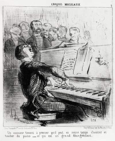 Zenei vázlatok: egy úriember, aki mindenáron be akarja bizonyítani, hogy egyszerre tud énekelni és zongorázni, ami nagyon szégyenletes. Honore Daumier (1808-1879) illusztrációja, megjelent a "Charivari" című lapban, 1852. február 17-i dátummal. alkotó: Honoré Daumier