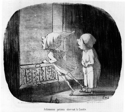 Párizsi csillagászok megfigyelik a Cométát, az „Astronomy” című rajzfilmsorozatból a csillagászokról és a Comete de Honore Daumier-ről (1808-1879). "Macskazene" alkotó: Honoré Daumier