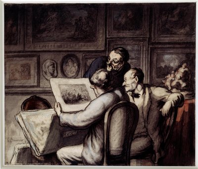 Nyomtatás szerelmesei. Honore Daumier (1808-1879) akvarell, gouache és fekete ceruza, porcelán toll és tinta. Nap. 0,26 x 0,31 Musee d