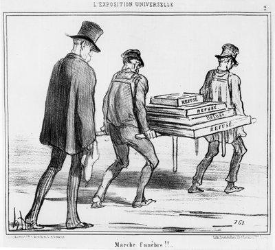 Frissítő bódé hőhullám idején a Párizsi Egyetemes Kiállításon, rajzfilm az Exposition Universelle sorozatból, megjelent a Le Charivariban alkotó: Honoré Daumier