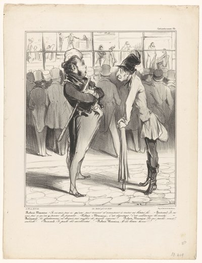 Robert-Macaire Bertranddal beszélget egy nyomda kirakatánál Caricaturana (sorozat címe a tárgyon) alkotó: Honoré Daumier