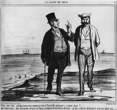 Tengerparti fürdők: párizsiak a tradíciók és családi szokások súlyú trouville-i strandján – Honore Daumier, „Charivari”-ban, 1859.08.25-től alkotó: Honoré Daumier