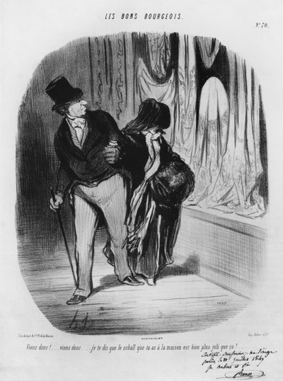 „Les Bons Bourgeois” sorozat, Gyertek, mondom, az otthon lévő sál sokkal szebb, 70. tábla, illusztráció a „Les Bons Bourgeois albumból”, 1847 alkotó: Honoré Daumier