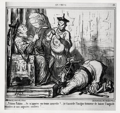 Tchinn Tchinn... Jó hírt hozol nekem! Megtiszteltetés számomra, hogy megcsókolhatom augusztusi cipőm porát. Az En Chine sorozatban, Honore Daumier (1808-1879) illusztrációja, megjelent a „Charivari”-ban, december 7-én alkotó: Honoré Daumier