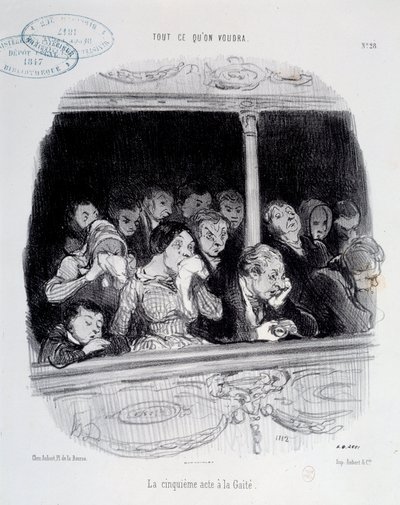 Az ötödik felvonásban a közönség Gaite-kifejezései láthatók a műsor alatt (unalom, fáradtság, desinteret) Honore Daumier (1808-1879) karikatúrája. 19. századi párizsi musee Carnavalet alkotó: Honoré Daumier
