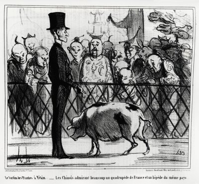 A pekini növények kertje: a kínaiak Franciaország négylábújában és ugyanazon ország sípolójában gyönyörködnek. Illusztráció: Honore Daumier (1808-1879), megjelent a „Charivari”, China Actualites alkotó: Honoré Daumier