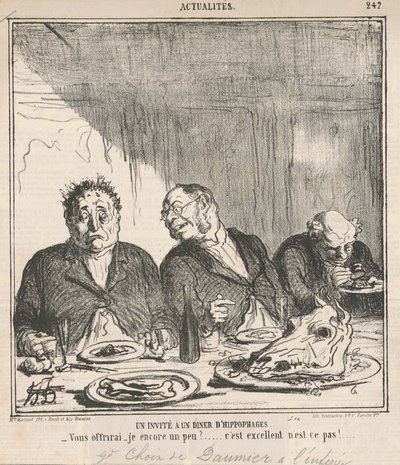 Vendég a lóevők vacsoráján: Megkínáljak még egy kicsit? Ez nagyszerű, nem? alkotó: Honoré Daumier