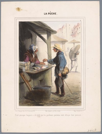 Visser koopt vis in de markthal Szinte mindig a piacon van (...) (cím a tárgyon) Vissers (sorozat címe) Horgászat (sorozat címe a tárgyon) alkotó: Honoré Daumier