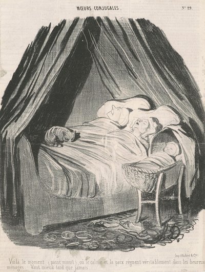 Ez az az idő (éjfél után), amikor igazán nyugalom és béke uralkodik a boldog párokon. Jobb később, mint soha. alkotó: Honoré Daumier