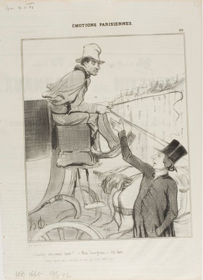 "- Kocsis, foglalt - Nem, polgár. - Hát akkor: Inkább elfogadja, hogy tanácsot adnak, mint hogy bérbe adják"," 49. tábla az Émotions Parisiennes-ből. alkotó: Honoré Victorin Daumier