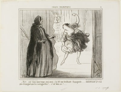 "- Nehéz elképzelni, hogy annak idején én is elismert spanyol táncos voltam... manapság már csak a kasztanyettáim spanyolok... milyen unalmas...", 11. lemez a Croquis Dramatiques-ból. alkotó: Honoré Victorin Daumier