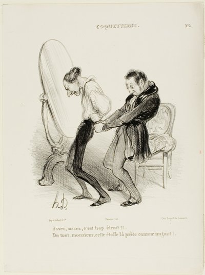 "- Elég, elég, elég, ez túlságosan is szűk!!! - De egyáltalán nem, Monsieur, ez az anyag úgy áll önnek, mint a kesztyű!", 5. tányér a Coquetterie-ből. alkotó: Honoré Victorin Daumier