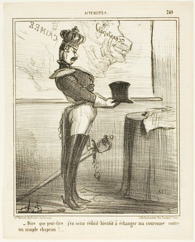 "- Nehéz elképzelni, hogy egy nap talán el kell cserélnem a koronámat egy egyszerű kalapra," 249-es tányér az Actualitésből. alkotó: Honoré Victorin Daumier