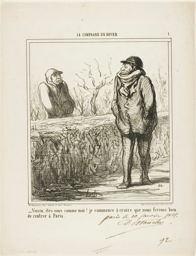 "- Szia, szomszéd, te is olyan vagy, mint én Kezdem azt hinni, hogy jól tennénk, ha visszatérnénk Párizsba." 1. lemez a La Campagne En Hiver című filmből. alkotó: Honoré Victorin Daumier