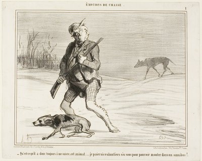 "- Vajon miért követ engem ez a szörnyeteg állandóan Boldogan fizetek 6 sous-t, hogy felugorjak egy buszra." 1. lemez az Émotions De Chasse-ból. alkotó: Honoré Victorin Daumier