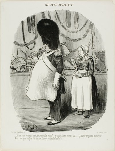 "- Soha nem vagyok nyugodt, ha látom, hogy így kimész... Mindig attól félek, Monsieur Moussard, hogy ön talán hitetlen." 67. tábla a Les Bons Bourgeois-ból. alkotó: Honoré Victorin Daumier