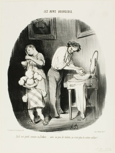 "- Hát nem aranyos, Dodore... egy kis takarítással már nem ugyanaz a gyerek!...", 37-es tányér a Les Bons Bourgeois-ból. alkotó: Honoré Victorin Daumier