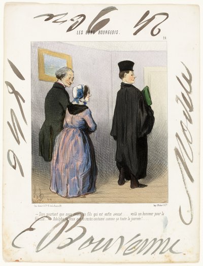 "- Hát nem csodálatos, hogy van egy fiam, aki ügyvéd... micsoda megtiszteltetés a családnak... Adolph, azt akarom, hogy egész nap így öltözzön!...", 21. tányér a Les Bons Bourgeois-ból. alkotó: Honoré Victorin Daumier