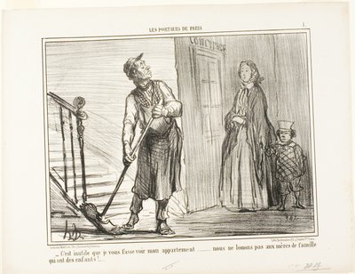 "- Hiába mutatom meg a lakásomat. Nem adjuk ki gyermekes anyáknak." 1. tábla a Les Portiers De Parisból. alkotó: Honoré Victorin Daumier