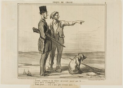 "- Figyelj... Láttam ott egy nyulat... - Régen volt már - Egyáltalán nem... kevesebb, mint három hónapja...", 2. tábla a Croquis De Chasse-ból. alkotó: Honoré Victorin Daumier