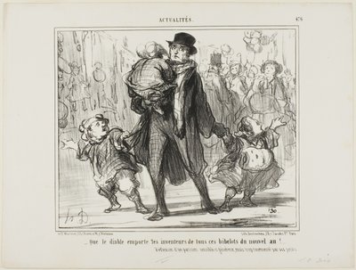 "- Az ördög kapja el ezeknek az újévi ajándékoknak a kitalálóját!" Egy érzékeny, nagylelkű, de meggyötört párizsi apa elmélkedése, 476. tábla az Actualitésből. alkotó: Honoré Victorin Daumier