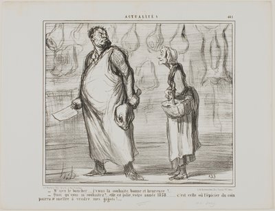 "- Mészáros úr, boldog és egészséges új évet kívánok önnek... - Mit Szép lesz ez az 1858-as év... minden sarki fűszeres eladhatja majd a birkahúsomat!...", 481. tányér az Actualitésből. alkotó: Honoré Victorin Daumier