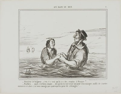 "- Mr.Lifeguard.... igaz, hogy Dieppe-nél cápák vannak - Persze... de ez elég egyszerű... amint meglátod, hogy jön egy, hogy felfaljon, csak annyit kell tenned, hogy oldalra fekszel. Nem fog megenni téged, mert félsz, hogy megfulladsz." 1. tányér Aus Bains alkotó: Honoré Victorin Daumier