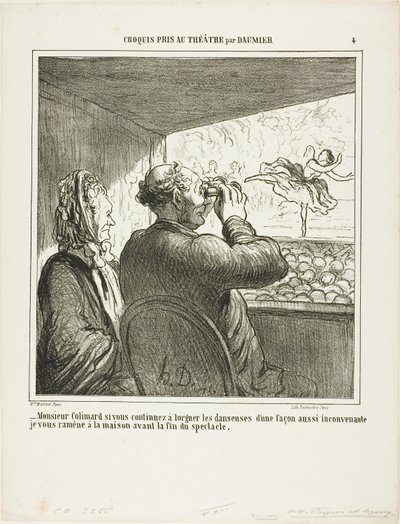 "- Colimard úr, ha nem hagyja abba azonnal a táncosok ilyen illetlen bámulását, még az előadás vége előtt hazaviszem!", 4. tábla a Croquis Pris Au Théatre par Daumier-ból. alkotó: Honoré Victorin Daumier