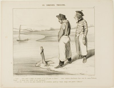 "- A hajónk elengedte a horgonyt és elsodródott.... ezen a magányos szigeten ragadtunk, mint Robinson Crusoe... és nincs mit enni, és nincs papagájunk.... - Ez igaz.... és tényleg nem tudom, mit egyek, ha egyszer felfaltalak, szegény Cabassol!"," alkotó: Honoré Victorin Daumier