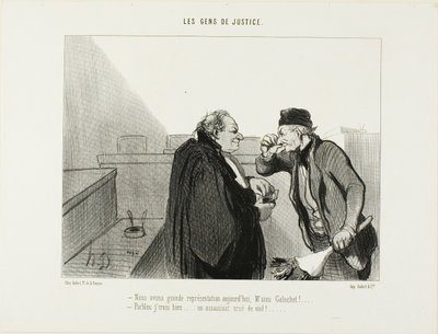 "- Nagyszerű előadásnak kell lennie ma, Mr.Galuchet... - Azt hiszem... Egy gyilkossági ügy egy nemi erőszakkal...", 31. tábla a Les Gens De Justice-ból. alkotó: Honoré Victorin Daumier